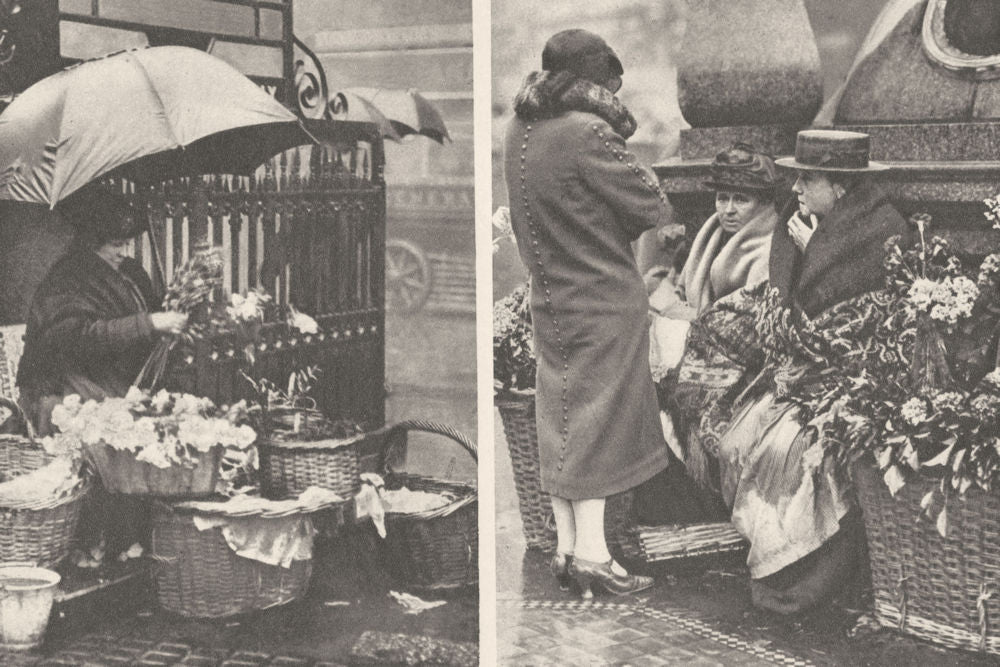 LONDON. Rain and shine on the Vivid flower Baskets at Piccadilly Circus 1926